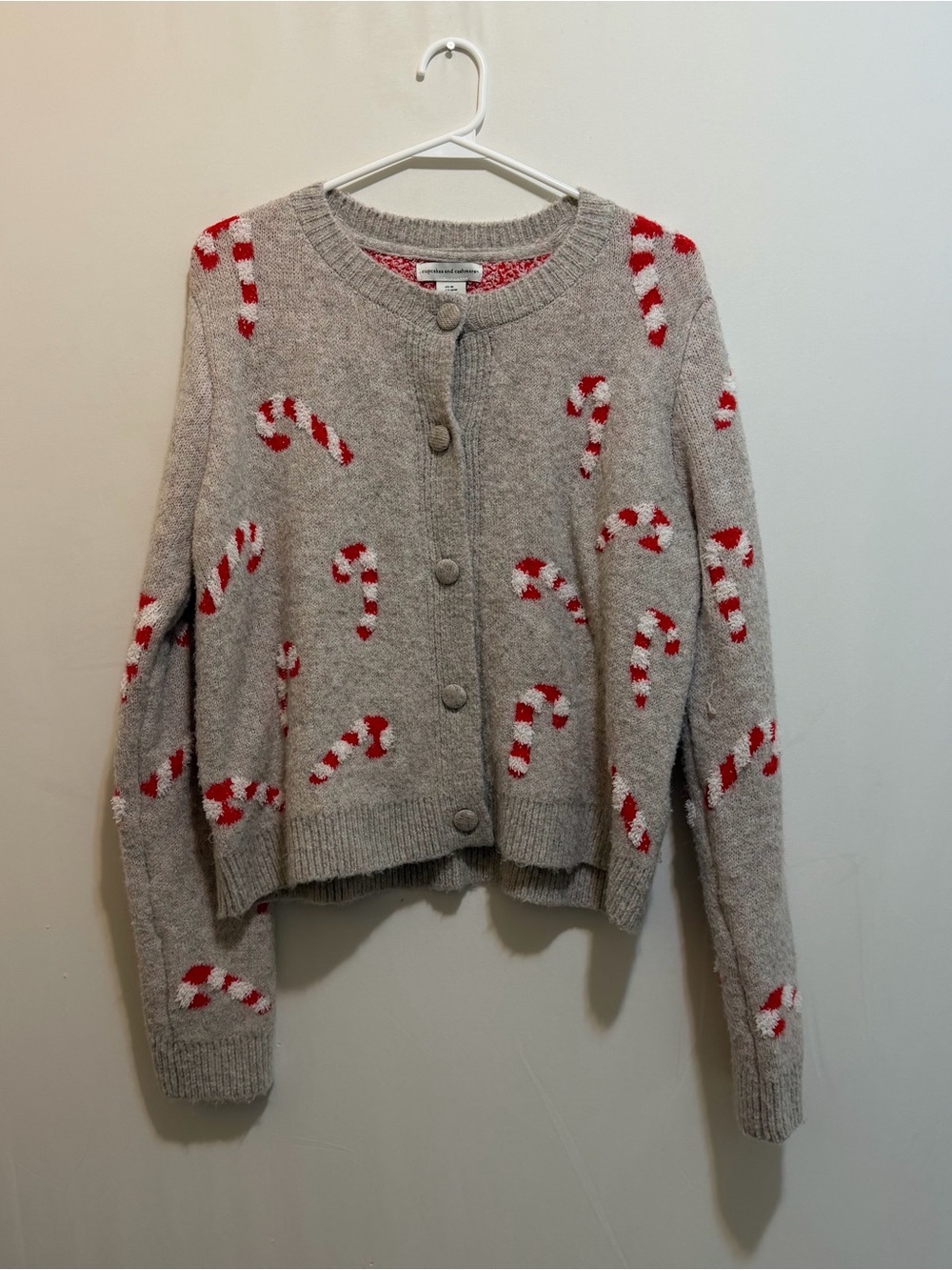 cupcakes & cashmere Gray Cardigan with Red & White Candy Cane Motif